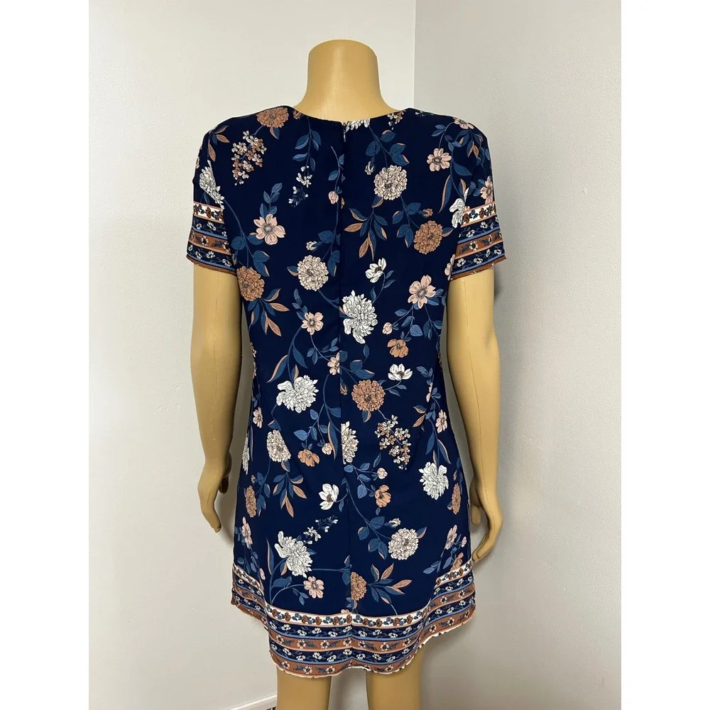Lulus Navy Blue Floral Shift Mini Dress Short Sleeve Crew Neck M Made in USA